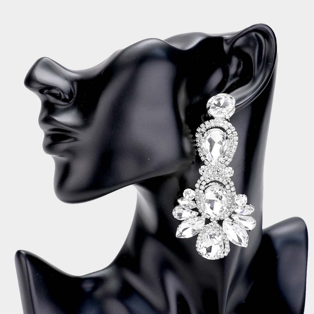 Silver Rhinestone Crystal Drop Dangle Earrings 3.5" Statement Teardrop Evening